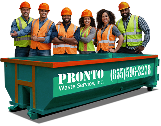 Pronto crew standing behind a dumpster